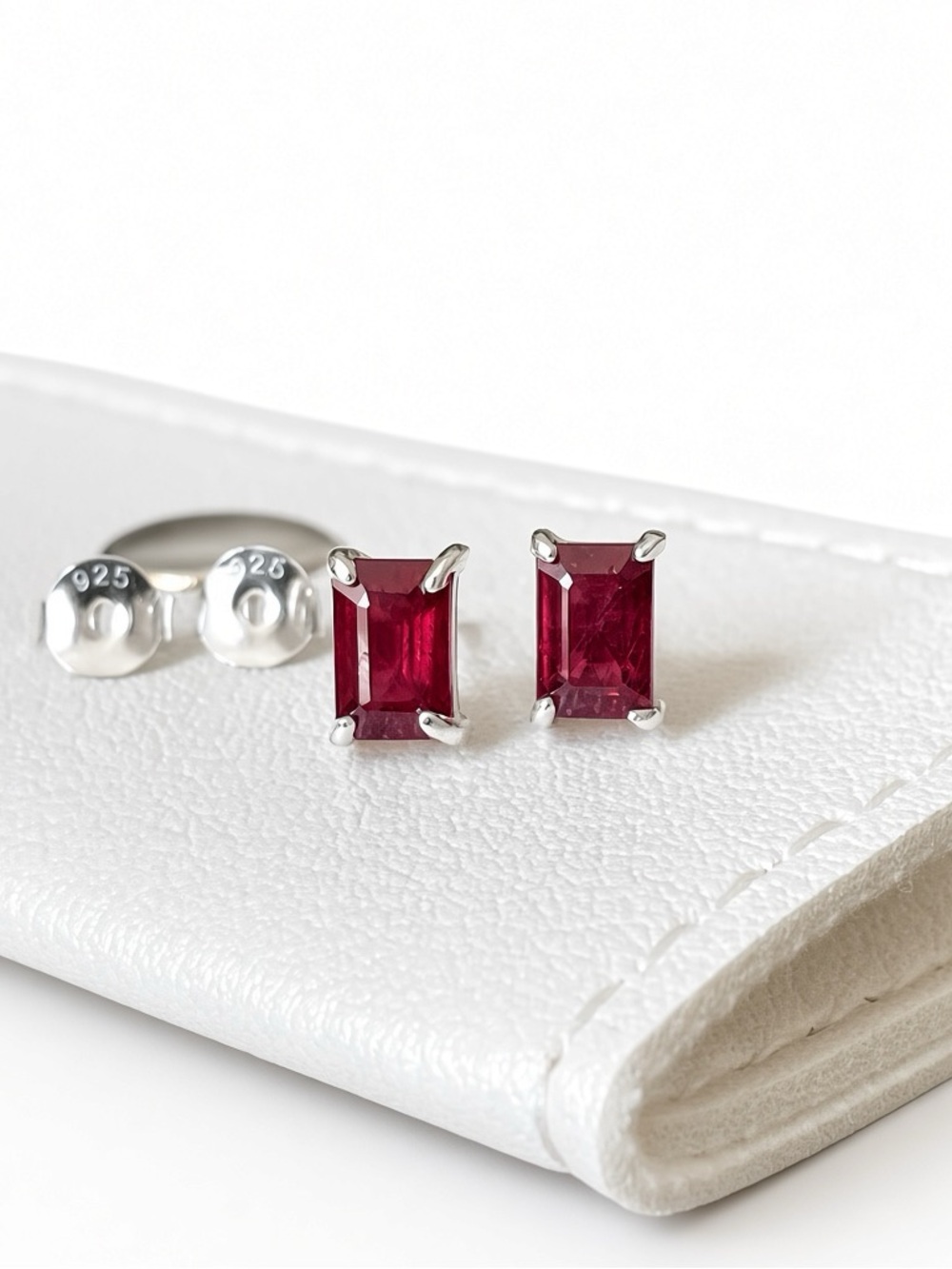 Ruby stud earrings in 925 Sterling Silver Ruby  Emerald Cut (6*4mm)Birthstone